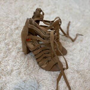 Sam Edelman Tan Yarina Suede Caged Sandals SZ 7 block heel straps back zip beige